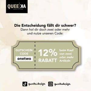 May include: A promotional graphic with the text "QUEE XA" and "inspiration of design." It features a coupon design with the text "GUTSCHEIN CODE onetwo" and "12% RABATT." The text "Die Entscheidung f&auml;llt dir schwer?" is also present.