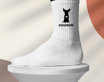 Chihuahua Dog Mom Socks for Women • Funny Tennis Socks with Motif • White Retro Socks with Dog Silhouette & Heart • Gift for Dog Lovers