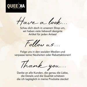 May include: A graphic with the text "QUEE XA inspiration of design" at the top. Below, the text reads "Have a look..." followed by German text. "Follow us..." is next, with German text. "Thank you..." is at the bottom, with German text.