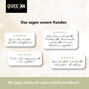 May include: Image features a logo with the text "QUEE XA inspiration of design" above customer testimonials. The testimonials are in white boxes with star ratings and handwritten text in German, praising the products and service.
