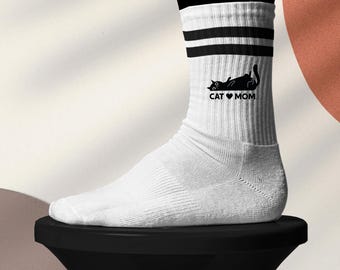 Cat Mom Socks for Women • Cat Lover Socks • White Tennis Socks with Motif • Retro Tennis Socks • Printed Socks with Sayings