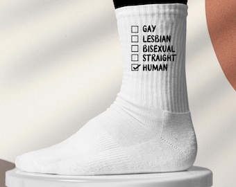 Human Statement Socks • LGBTQ+ Pride Socks • White Tennis Socks with Message • Printed Retro Socks • Unisex Socks with Diversity Design
