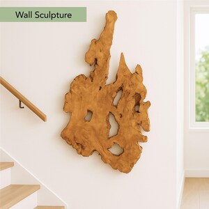 May include: A large, irregularly shaped wooden wall sculpture with a natural, light brown finish. The sculpture has several holes and a textured surface. The text "Wall Sculpture" is in a green rectangle in the upper left corner. The sculpture is mounted on a white wall.