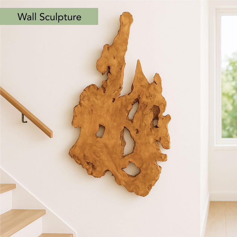 May include: A large, irregularly shaped wooden wall sculpture with a natural, light brown finish. The sculpture has several holes and a textured surface. The text "Wall Sculpture" is in a green rectangle in the upper left corner. The sculpture is mounted on a white wall.