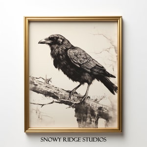 Vintage Crow Printable Wall Art I Crow Art Print I Gothic Wall Art I Antique Crow Print I Moody Painting I