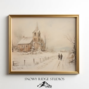 impression d'église solitaire vintage I impression d'église de campagne d'hiver I paysage maussade I art mural imprimable I cartes de Noël imprimables