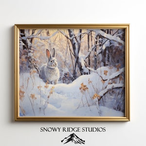 Winterliche Wildtiere. Gemälde von Hase im Schnee. Hase im Schnee. Wildtiere Kunst. Druckbare digitale Download I druckbare Karten