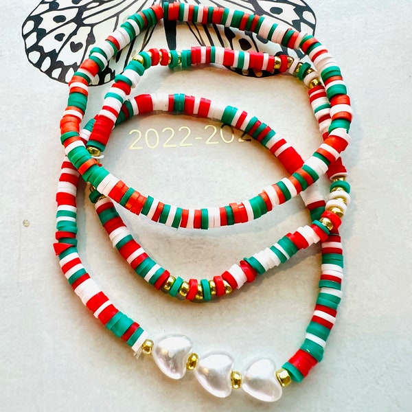 3pcs Stretch Stacked Disc Bracelets NEW - Red Green White Christmas Holiday Mexican - Hearts SALE!