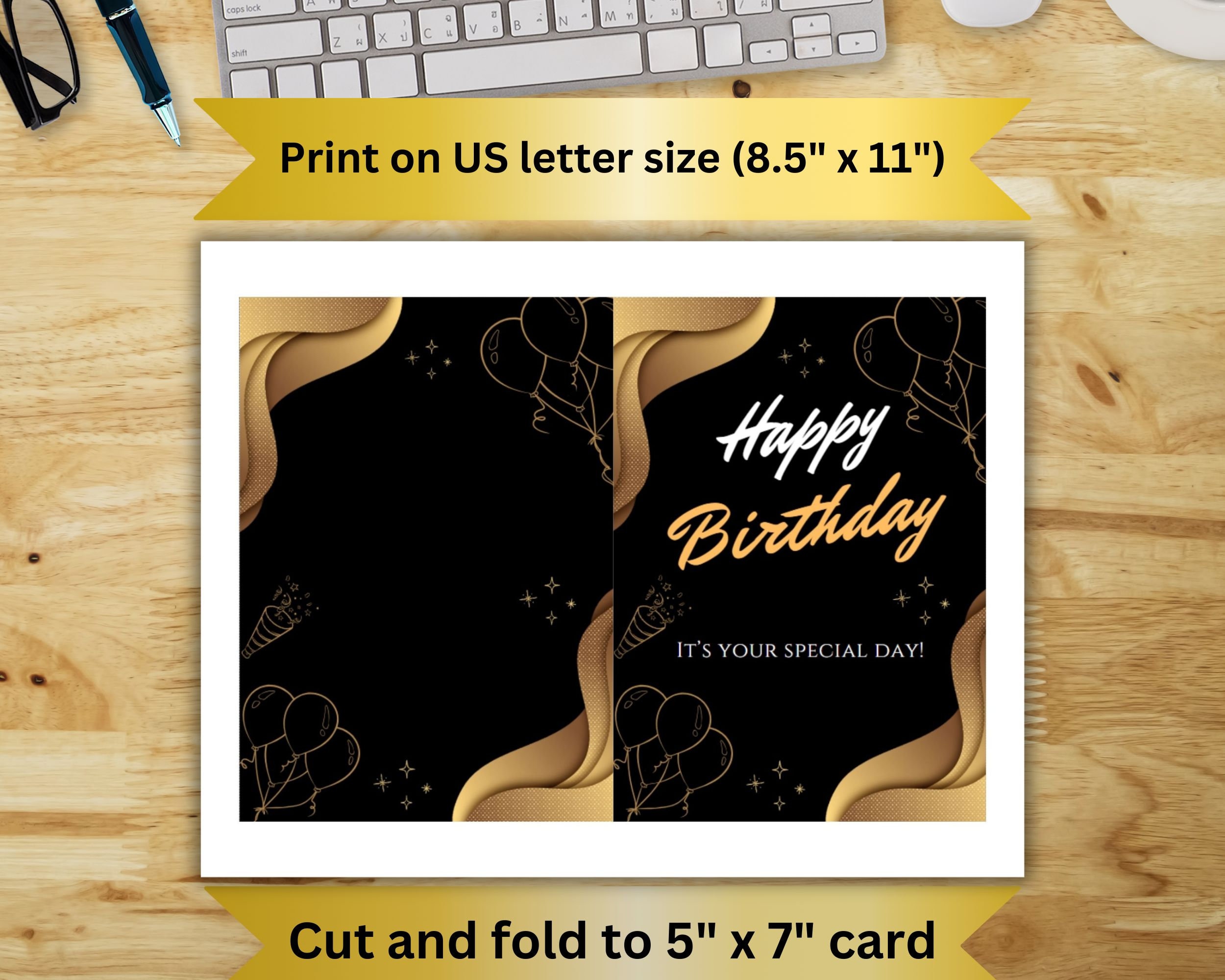 Golden Printable Birthday Card Digital Download Letter Size PDF Print ...