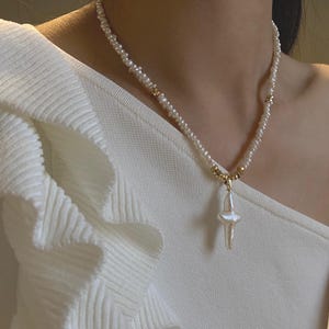 Cross Shaped Pearl Necklace Baroque Pearl Pendant Necklace Tiny Pearl Necklace Wedding Necklace Bridal Necklace Statement Jewelry Gift