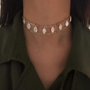 Eye-Shaped Pearl Choker Double Gold Chain Choker Baroque Pearl Choker Wedding Choker Bridal Choker Statement Choker Wedding Jewelry Set