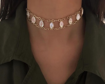 Marquise-shaped Pearl Choker Diamond-shaped Pearl Choker Double Gold Chain Choker Necklace Wedding Choker Bridal Choker Statement Jewelry