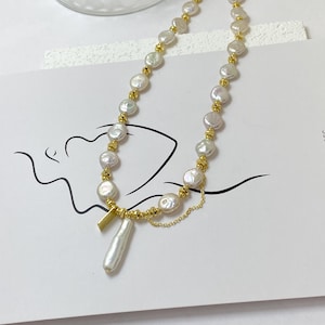 Coin Shaped Pearl Necklace Baroque Pearl Necklace Freshwater Pearl Pendant Necklace Wedding Necklace Bridal Necklace Statement Jewelry