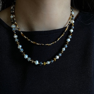 Tiger Eye Necklace Beaded Necklace Tiger’s eye Beaded Necklace Melard Necklace Natural Crystal Necklace Black Agate Necklace Valentines Gift