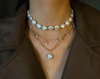 Coin Shaped Pearl Choker, Baroque Pearl Choker, Irregular Pearl Choker, Wedding Choker, Bridal Choker, Statement Necklace, Wedding Necklace