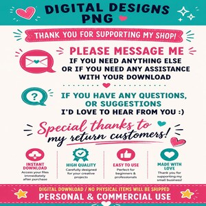 May include: A digital download information card with teal and pink text on a white background. It features icons including an envelope, a question mark, a download arrow, a badge, a thumbs up, and hearts, with instructions for customer support.