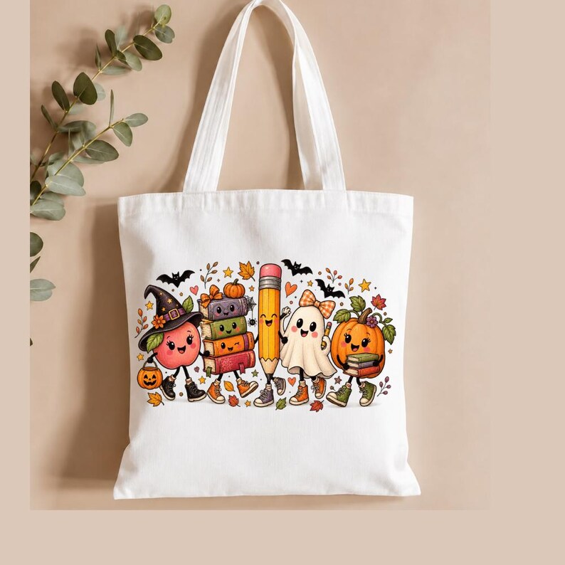 May include: A white canvas tote bag featuring a colorful graphic print of a smiling apple wearing a witch hat, a stack of books, a pencil, a ghost with a bow, and a pumpkin, all surrounded by small autumn leaves, stars, and bats.