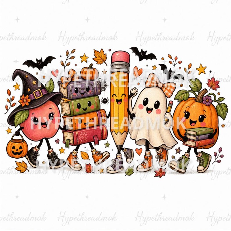 May include: A colorful illustration featuring a cartoon apple wearing a witch hat, a stack of smiling books, a tall yellow pencil, a ghost with a bow, and a pumpkin. The characters are decorated with autumn leaves, bats, and small hearts.