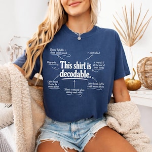 Op de afbeelding: Een marineblauw t-shirt met korte mouwen en witte tekst "This shirt is decodable." met pijlen die wijzen naar taalkundige termen zoals "Closed Syllable", "r-controlled", "Digraphs", "s says /z/", "Latin-based Prefix de-" en "Latin-based Suffix -able."