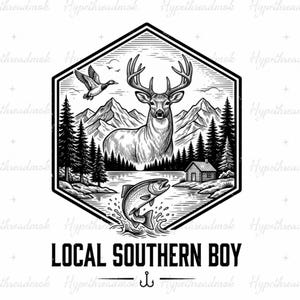 May include: A black and white graphic illustration inside a hexagon featuring a deer, a flying duck, mountains, pine trees, a cabin, and a jumping fish. The text LOCAL SOUTHERN BOY is printed below the hexagon with a fishhook icon in the centre.