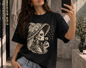 La Catrina Blowing Wishes Dandelion PNG, Dia De Los Muertos Gift, Sugar Skull Graphic PNG, Gothic Floral PNG, Skull Floral Sublimation