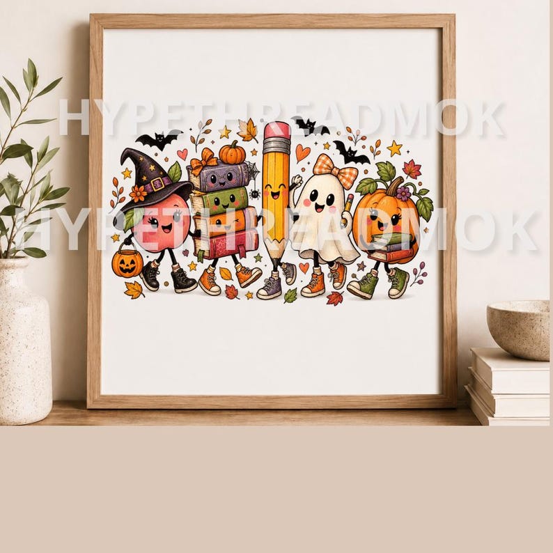 May include: A framed art print featuring a whimsical autumn scene with a smiling witch hat-wearing character, a stack of colorful books, a tall yellow pencil, a ghost with a bow, and a pumpkin, all surrounded by falling leaves and bats.