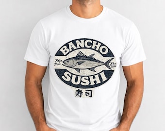 Bancho Sushi PNG, Vintage Japanese Fishing Tee, Retro Sushi Bar Graphic, Coastal Fisherman Design, Japanese Style Tee (Digital Download)