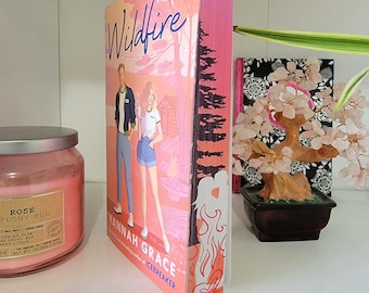 Puede incluir: Un libro de bolsillo rosa y naranja titulado "Wildfire" de Hannah Grace, autora de "Icebreaker". La portada muestra a una pareja de pie frente a una cabaña en el bosque.