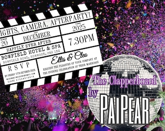 May include: A wedding invitation with a clapperboard design, featuring text like "Lights, Camera, Afterparty!" and event details. A disco ball and confetti create a festive background. The invitation is for Ellis & Clea's wedding.