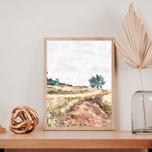 Wall Art Modern Watercolor Neutral Landscape of a Field and Tree Print Digital Download Neutral Home Décor Art Gift For Nature Lovers
