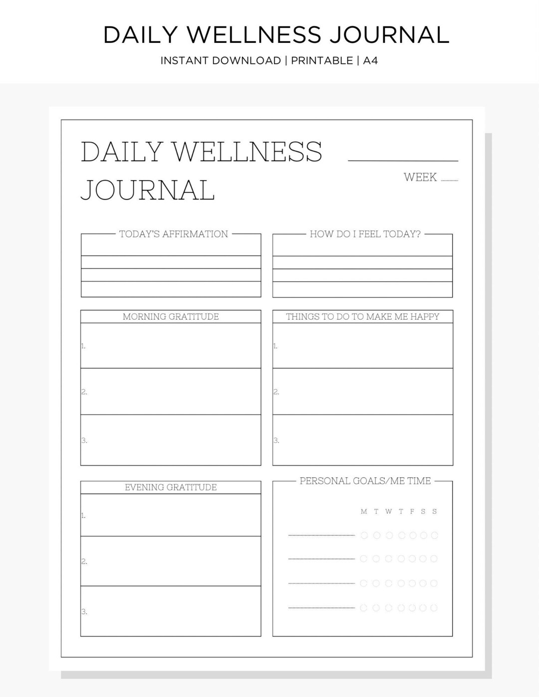 Printable Daily Wellness Journal Self Care Tracker Mood Tracker