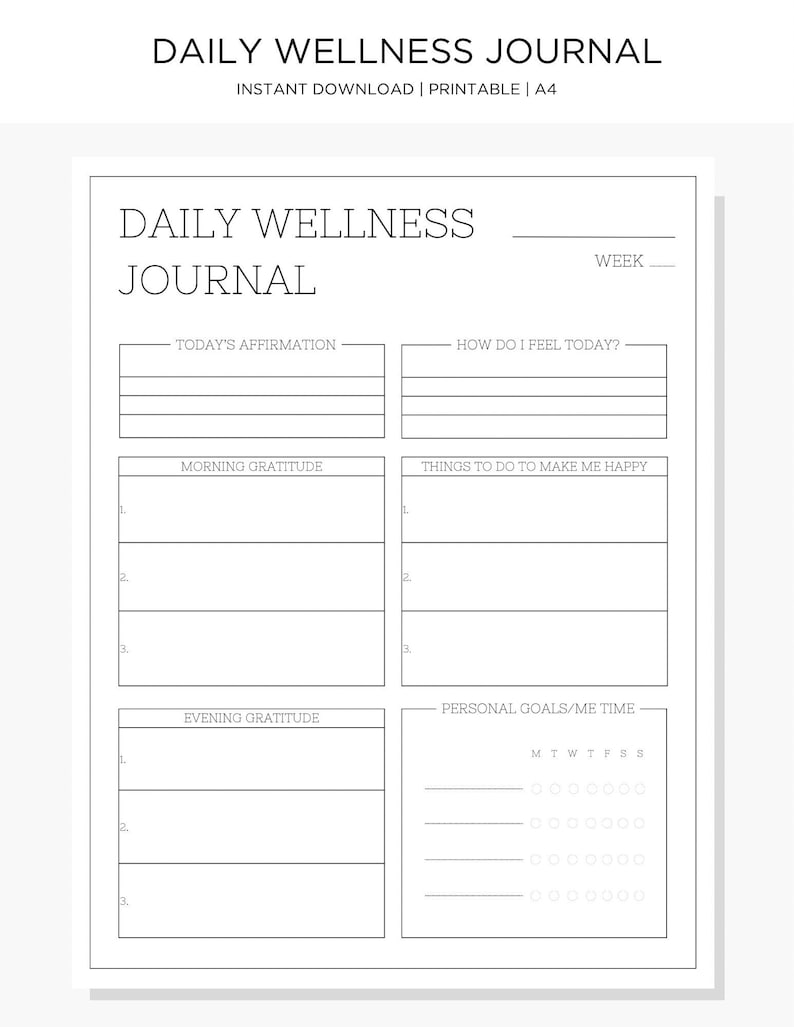 Printable Daily Wellness Journal Self Care Tracker Mood Tracker