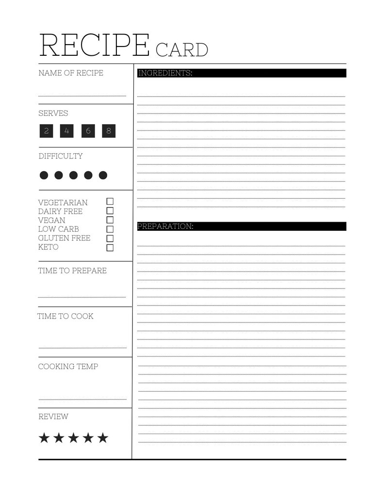 Printable Recipe Card Cooking Printable Recipe Sheet Minimalist Recipe ...
