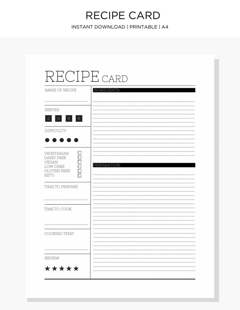 Printable Recipe Card Cooking Printable Recipe Sheet Minimalist Recipe ...