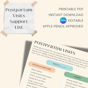 May include: A printable checklist for postpartum visits with sections for kitchen and dining area tasks and nursery tasks. The checklist includes tasks like washing dishes, loading the dishwasher, cleaning counter tops, sweeping and mopping the floor, and emptying the diaper pail. The checklist is titled "Postpartum Visits" and includes the text "Thank you so much for visiting us! We are so touched by the out of love and support as we welcome our little one into the world. Babies are cuddly, loving, and exhausting. While you're here, we'd love if you can check one thing off our list below to help us out."