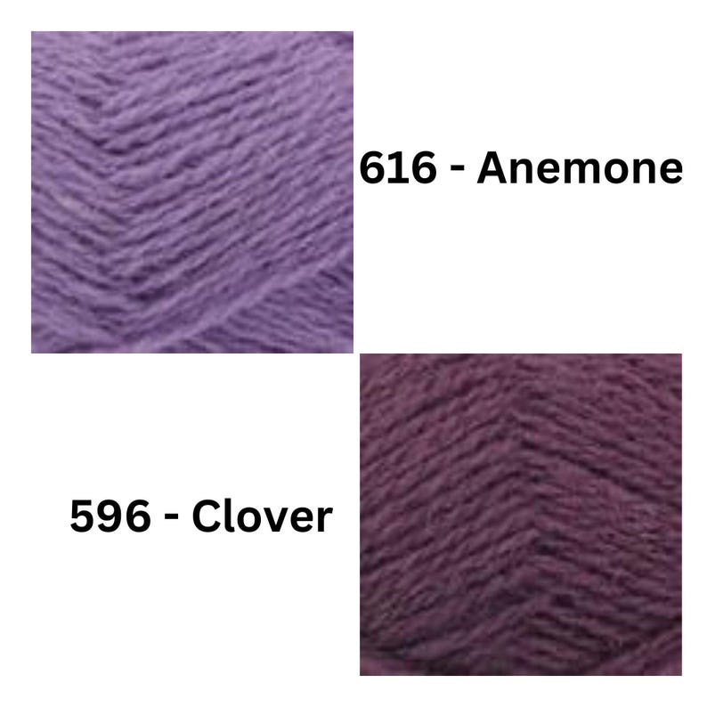 May include: Two yarn samples, one a light purple shade labeled "616 - Anemone" and the other a darker purple shade labeled "596 - Clover".