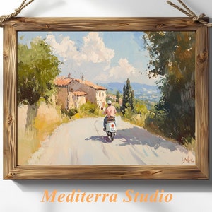 Riding A Vespa In Tuscany Painting | Vintage Italian Vespa Wall Art | Piaggio Vespa Scooter | Downloadable Printable Digital Art Print #0104