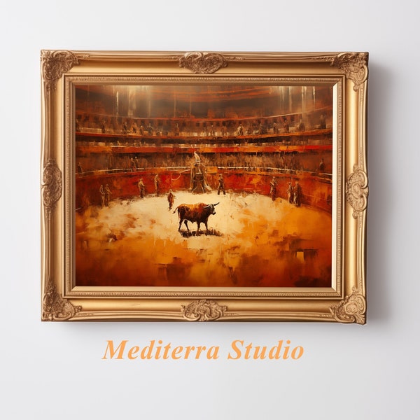 Peinture à l'huile d'une corrida en Espagne | Matador dans l'arène | Art mural rustique corrida | Impression d'art numérique imprimable téléchargeable | #0017