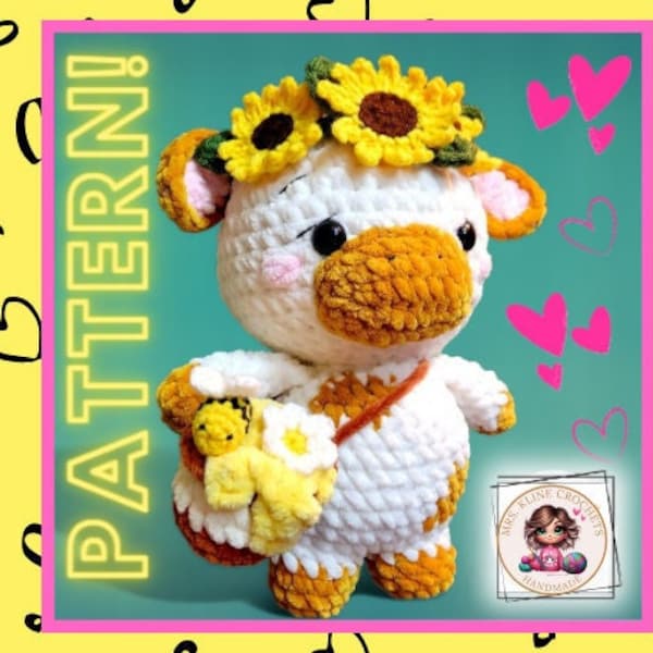 Crochet Pattern: Sunflower Honey Bee Moo Cow; (+BONUS Patterns) Chubby Milky Vaquita, Cute Farm Animal, Handmade Plush Amigurumi, Kids Gift