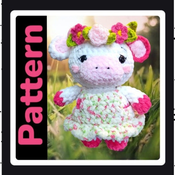 Amigurumi Cow Crochet Pattern: Pink Flower Moo Plushie with Dress & Headband | DIY Farm Animal Toy | Easy Crochet Gift | Instant Download