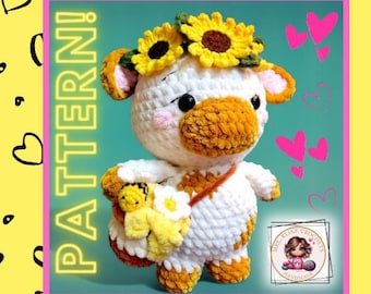 Crochet Pattern: Sunflower Honey Bee Moo Cow; (+BONUS Patterns) Chubby Milky Vaquita, Cute Farm Animal, Handmade Plush Amigurumi, Kids Gift