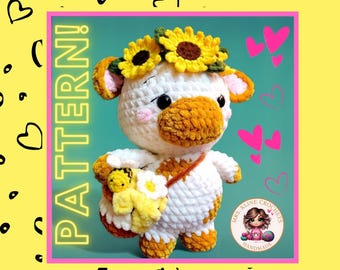 Crochet Cow Pattern: Sunflower Honey Bee Amigurumi Plushie (+Bonus Patterns) (Digital Download)