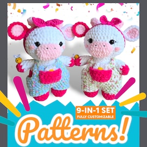 Cow Crochet Pattern • Cowgirl with Dungarees, Pocket Flower, Topknot Headband, Honey Bee & Bow • Amigurumi Cow Plush • Cute Bull Farm Animal