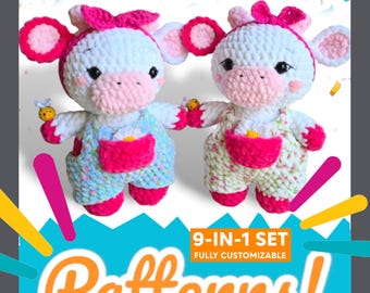 Cow Crochet Pattern • Cowgirl with Dungarees, Pocket Flower, Topknot Headband, Honey Bee & Bow • Amigurumi Cow Plush • Cute Bull Farm Animal