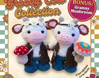 May include: Two crocheted cow dolls with white bodies, pink snouts, and brown ears. They wear blue jeans and brown vests. One holds a red mushroom, the other a colorful mushroom. The image includes text that says "Groovy Cow Collection" and "9-in-1 Crochet Pattern."