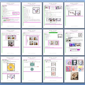 Example page from the Crochet Amigurumi Cow Pattern PDF, showing clear charts and visual step-by-step diagrams for stitch placement.  A crochet pattern for a white lamb with pink accents. The pattern includes instructions and diagrams for creating the cows body, head, ears, legs, and tail. The pattern also includes instructions for creating a pink flower and a pink bow. The pattern is written in English and includes a color chart for the yarn used.