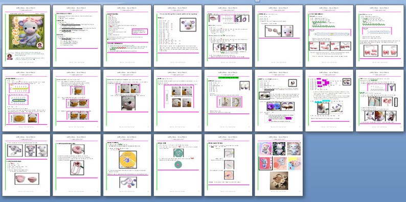 Example page from the Crochet Amigurumi Cow Pattern PDF, showing clear charts and visual step-by-step diagrams for stitch placement.  A crochet pattern for a white lamb with pink accents. The pattern includes instructions and diagrams for creating the cows body, head, ears, legs, and tail. The pattern also includes instructions for creating a pink flower and a pink bow. The pattern is written in English and includes a color chart for the yarn used.