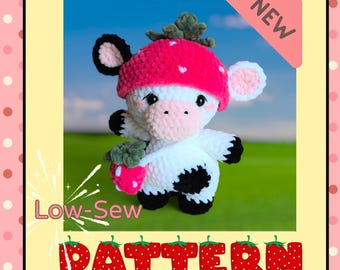 Strawberry Cow Crochet Pattern: Low-Sew Amigurumi Plush (PDF)