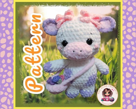 Crochet Pattern for Cow Plushie: Customizable Little Purple Moo with Bows, Flowers & Satchel, Amigurumi