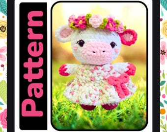 Crochet Pattern: Pink Flower Cow Amigurumi with Dress & Headband (+Bonus)